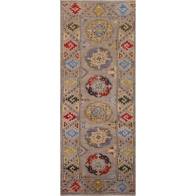 Geometric Brown Kazak Oriental Runner Rug Hand-Knotted Wool Carpet - 1'11" x 5'11"
