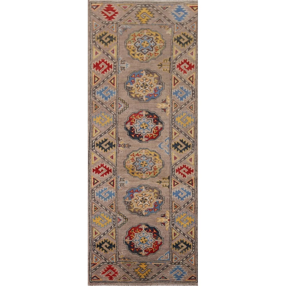 Geometric Brown Kazak Oriental Runner Rug Hand-Knotted Wool Carpet - 1'11" x 5'11"