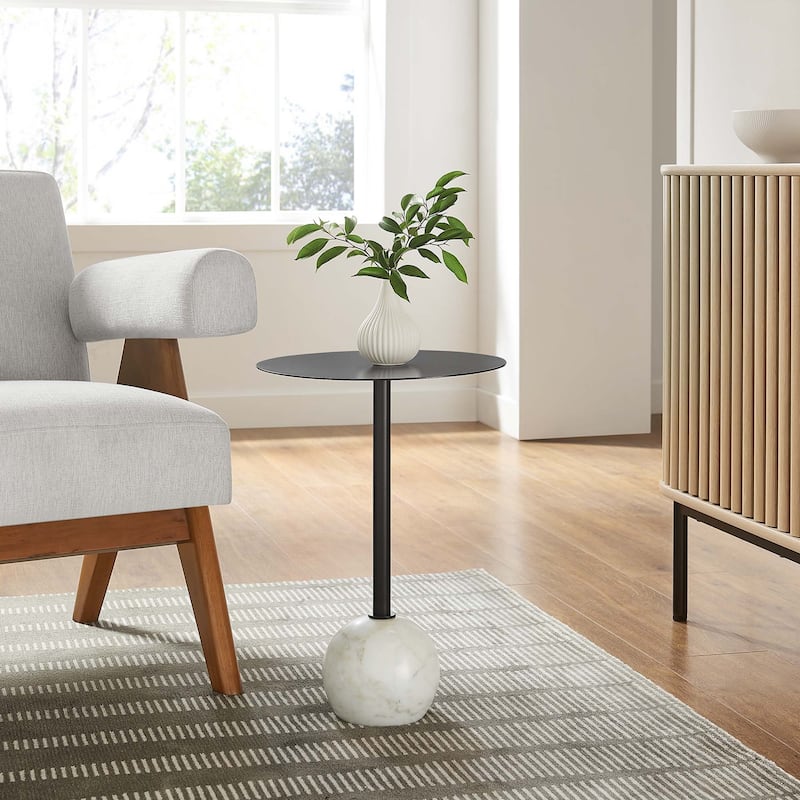 Aliza Round White Marble Side Table with White Marble Base - Black top - Metal