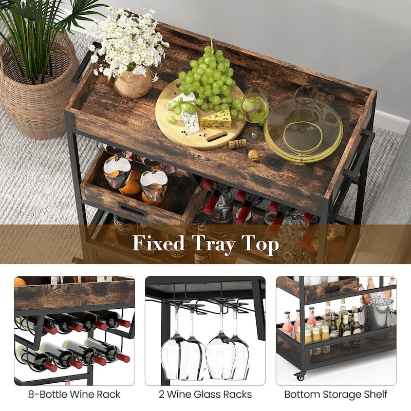 Gymax Rolling Bar Cart 3-Tier Industrial Buffet Serving Trolley w/