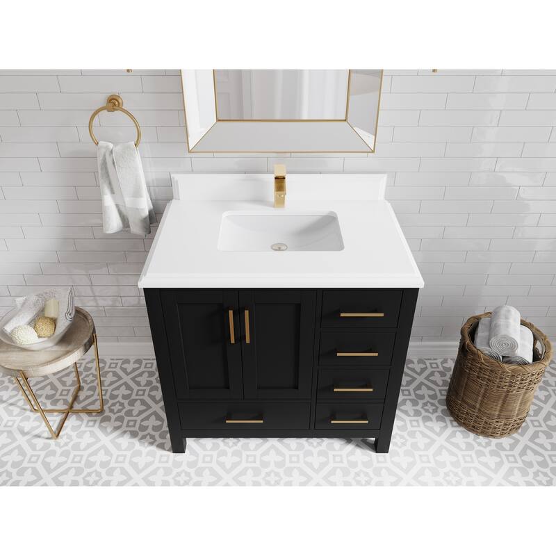 Willow Collections 36 in. W x 22 in. D Malibu Center Sink Left Bathroom Vanity with Countertop - 1.5" White Quartz - Black