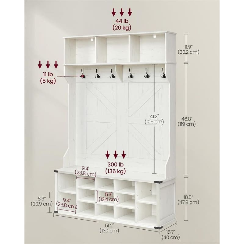 4-in-1 Hall Tree with Bench Coat Hooks Shoe Cubby Storage and Top Shelves Farmhouse Entryway Rack - 15.7"D x 51.2"W x 78.7"H