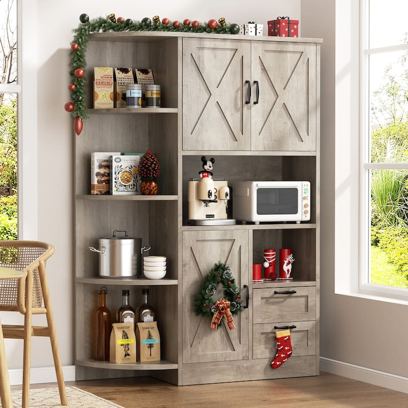 Farmhouse Style 3-Door Storage Cabinet with Adjustable Shelves – Freestanding Pantry Organizer for Kitchen, Dining Room or Bar - Grey/Brown