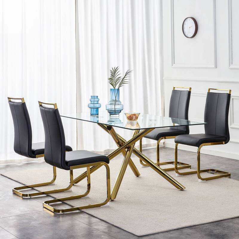 Modern PU Faux Leather High Back Dining Chairs with C-shaped Tube Chrome Metal Legs