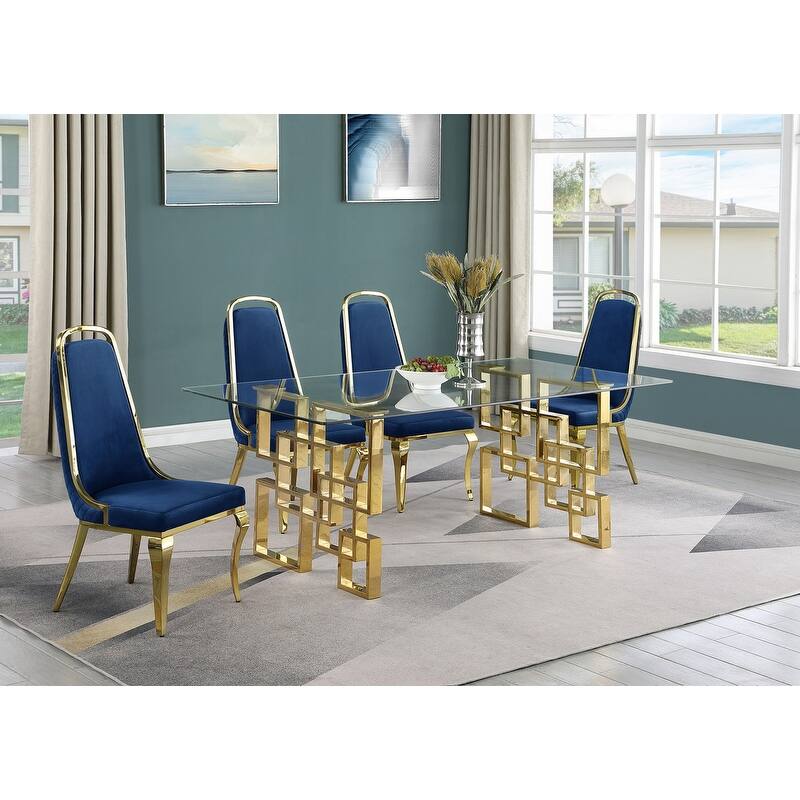 Best Quality Furniture Small Glass Table Dining Sets - 5pcs - Gold Chrome - Navy Blue