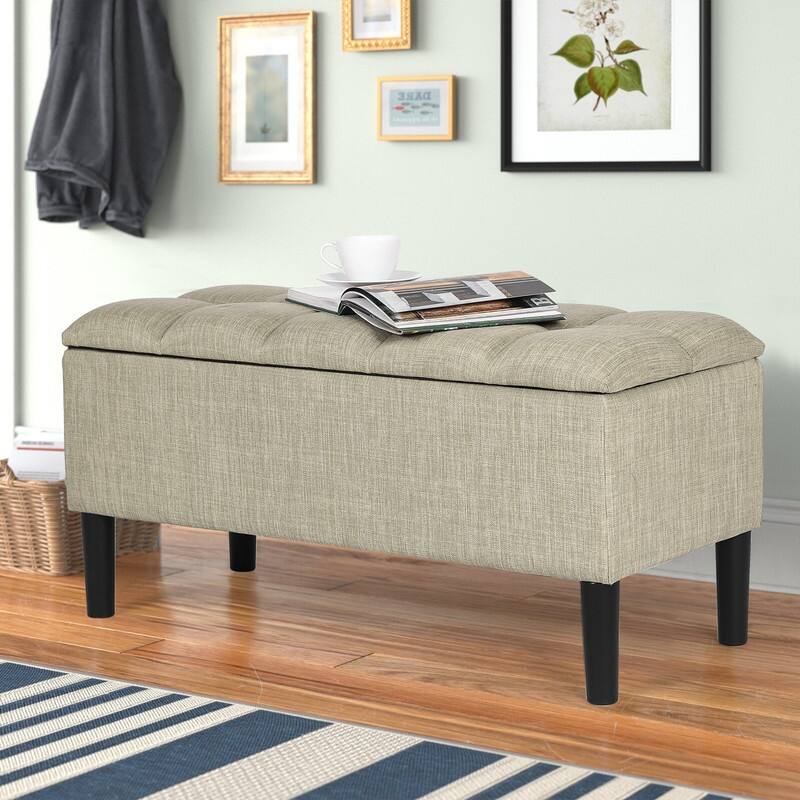 Adeco Storage Ottoman Upholstered Modern End of Bed Bench Living Room - Beige