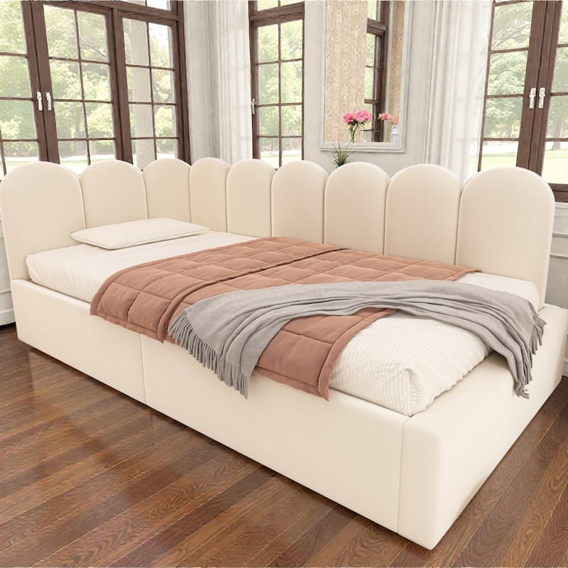Twin Upholstered Daybed with Hydraulic Storage, Velvet Ottoman Sofa Bed with Metal Slatted Frame for Small Spaces - Beige - Twin
