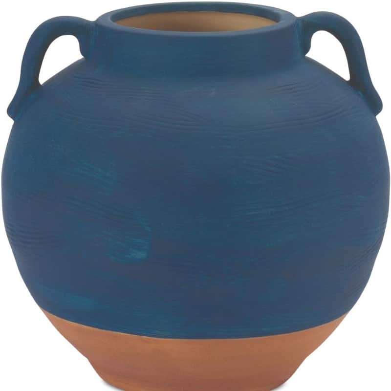 7" Blue And Terra Cotta Ceramic Round Urn - 7.00