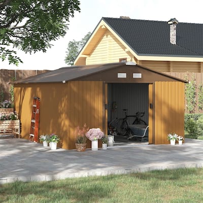 Outsunny 11' x 12.6' Outdoor Storage Shed Organizer, Garden Tool house with Floor Foundation, 4 Vents and 2 Easy Sliding Doors