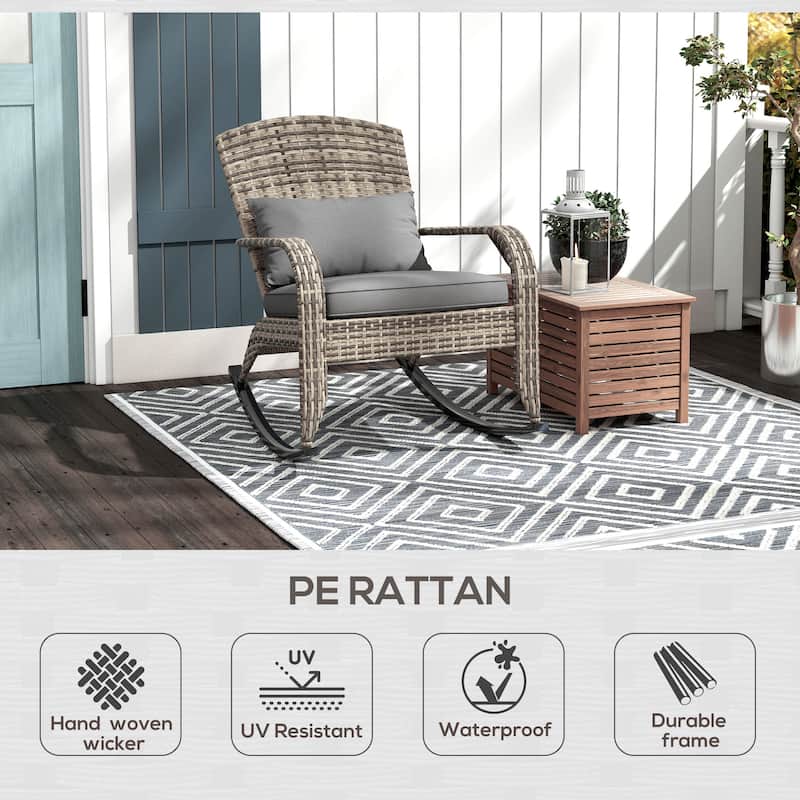 Outsunny Outdoor Wicker Adirondack Rocking Chair, Patio Rattan Rocker Chair with High Back, Seat Cushion, and Pillow for Garden