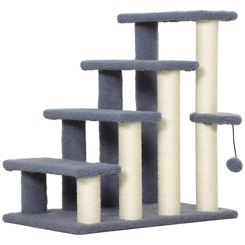 4 Levels Cat Steps, Pet Stairs Carpeted Ladder, Kitten Tree Climber with Scratching Posts, Hanging Play Ball, Side Step - Gray