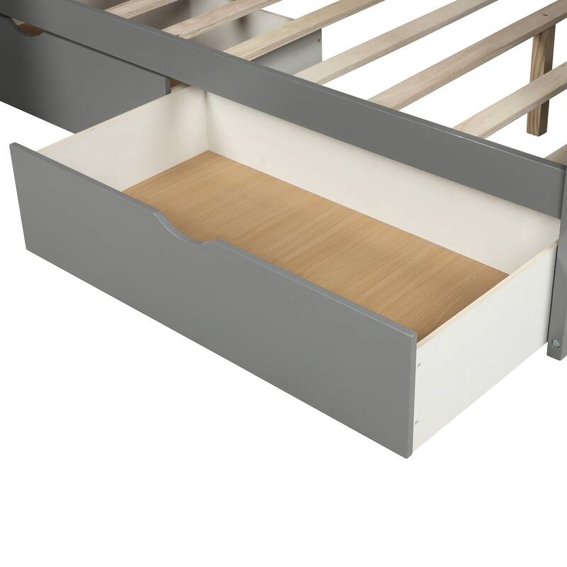 Twin Over Full Bunk Bed, Kids Bunkbed Wood Bedframe w/Slide & Storage