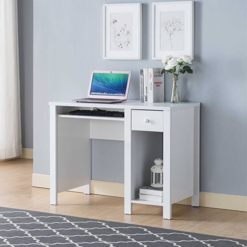 Home office desk 39"W Compact desk Writing Desk Laptop Desk White One drawer Keyboard Drawer Wooden Knob