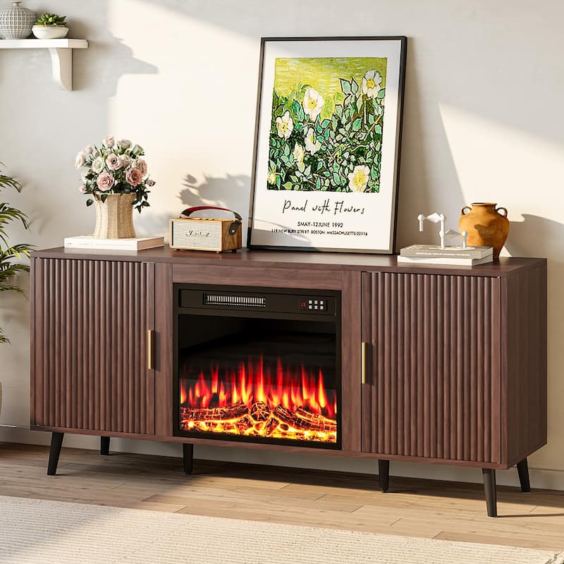 BOSSIN 58"Mid-Century Electric Fireplace TV Stand with Fluted Panels, Remote Control, and Adjustable Shelves for TVs up to 65" - Brown