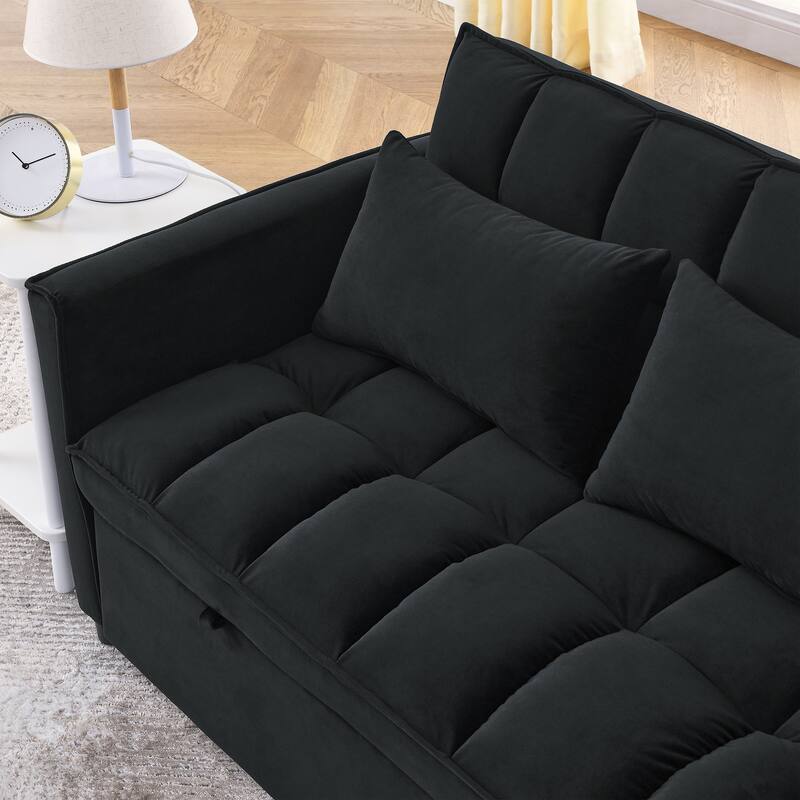 Black 53.94" Velvet 3 in1 Loveseat Pull-Out Sofa Bed withTwo Side Pockets and Adjustable Backrest for Living Room