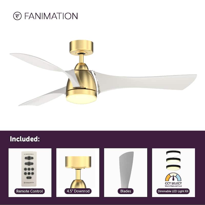 Fanimation Klear 56 inch Indoor/Outdoor Smart Ceiling Fan with LED CCT Select Light Kit and Remote - Brushed Satin Brass & White