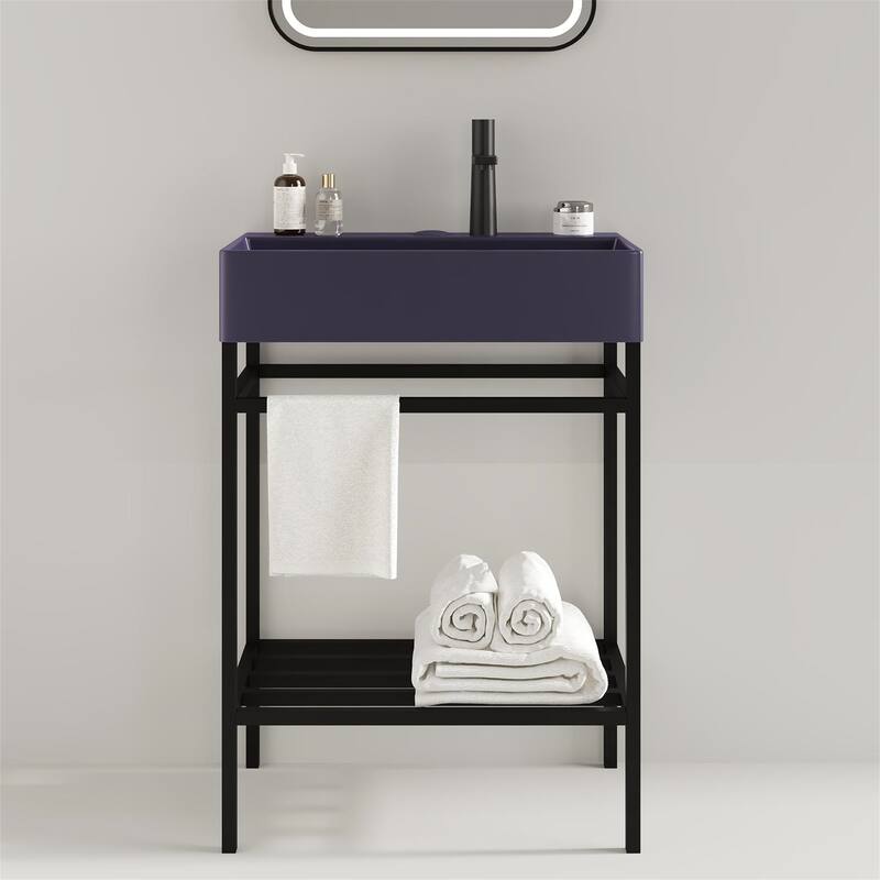 24" Bathroom Vanity Set with Ceramic Basin and Storage Shelves (No Faucet)