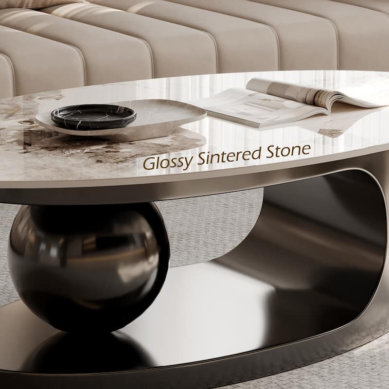 51" Modern Pandora Oval Coffee Table with Glossy Sintered stone top, Luxury Coffee Table, Stainless Steel Legs for Livingroom