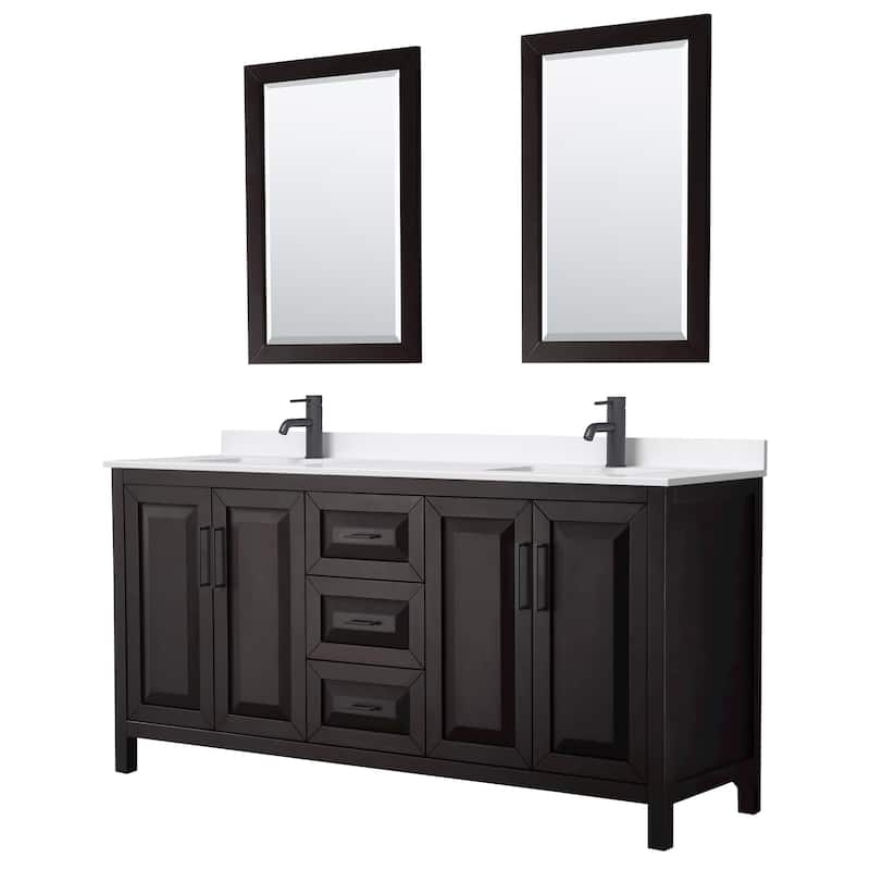 Daria 72-inch Double Vanity, Single Hole Quartz Top, 24-inch Mirrors - Dark Espresso, Black Trim, White Quartz Top