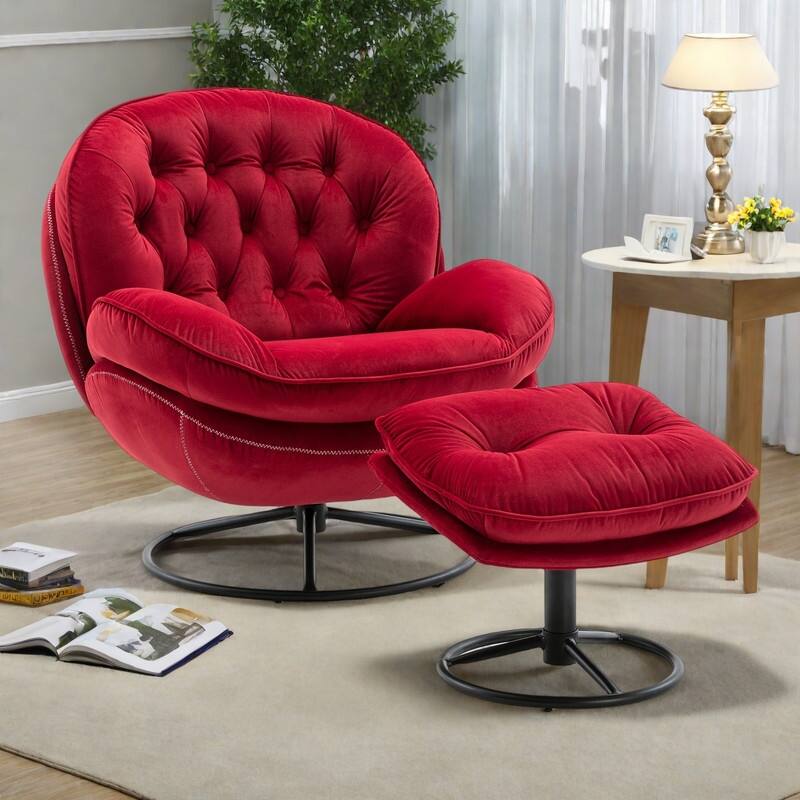 Velvet Swivel Accent Chair 360° Rotating Lounge Chair with Ottoman and Metal Legs