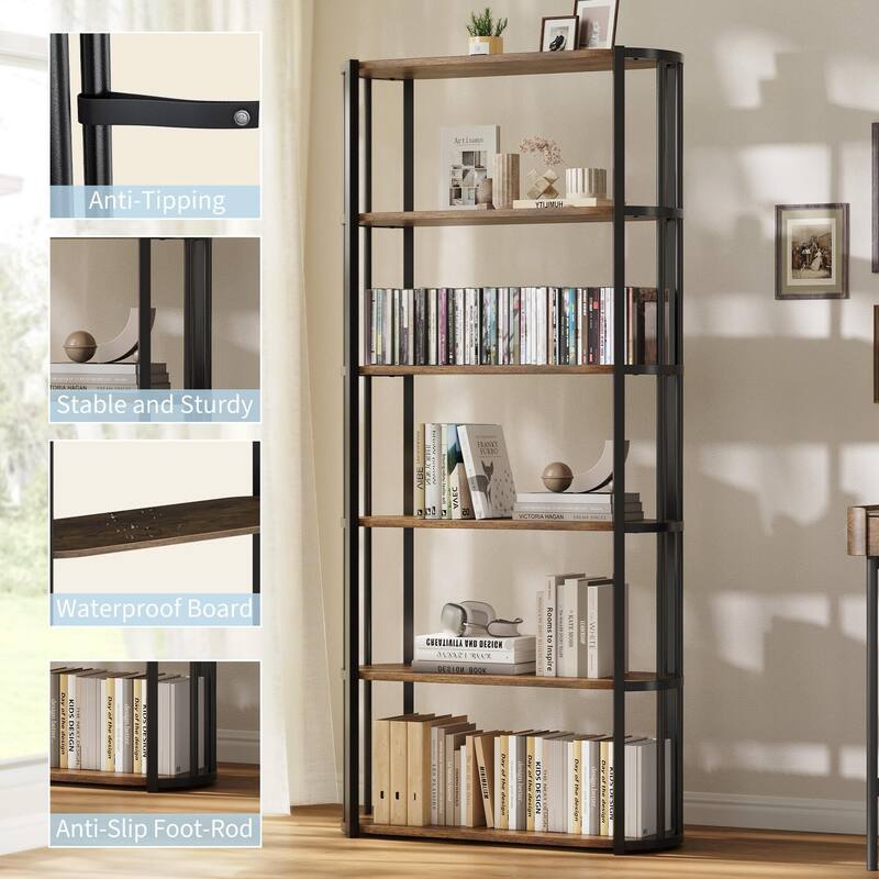71 Inch Industrial Wooden Bookshelf - 6 Tier Tall Bookcase, Metal Frame Large Storage Shelf