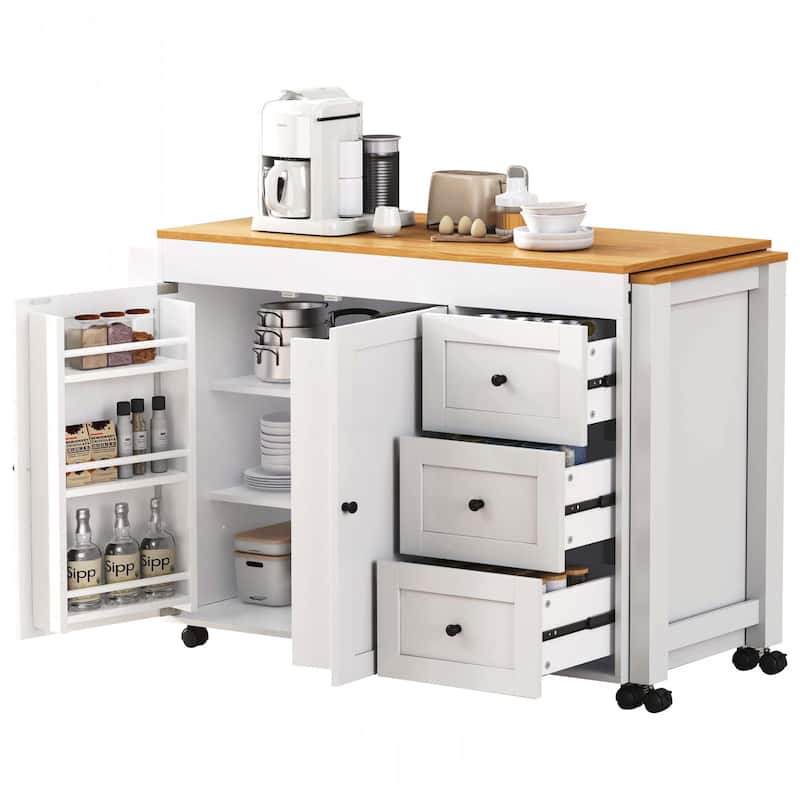 Kitchen Island with Extendable Dining Table, Kitchen Storage Cart with 3 Drawers, Power Outlet - White