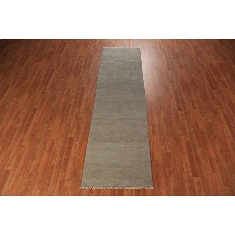 Modern Gabbeh Runner Rug Handmade Grey Wool Carpet - 2'8" x 9'6"