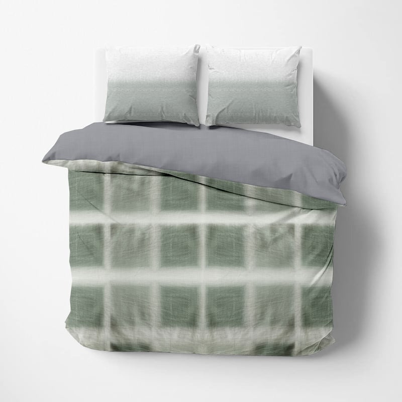 Delara GOTS Certified 100% Organic Cotton Check Reversible Print Duvet Cover and Sham Set of 2, Green - Green - King