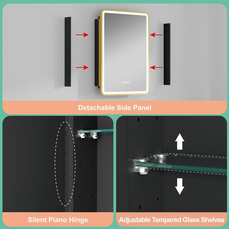 Milo LED Iron Medicine Cabinet with Mirror, Dimmable, Anti-fog, Adjustable Glass Shelves, Recessed or Surface Mount
