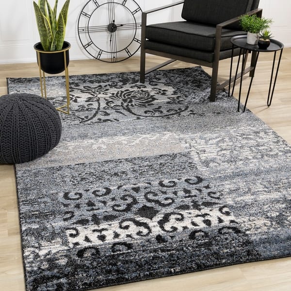 Brookfield Collection Blue/Black/Cream Damask Patchwork Rug Bed