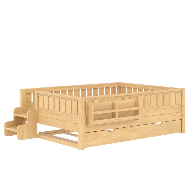 Full/Twin Size Wood Bed with Built-in Bookshelves and Storage Staircase, Safety Rails and Trundle Bed