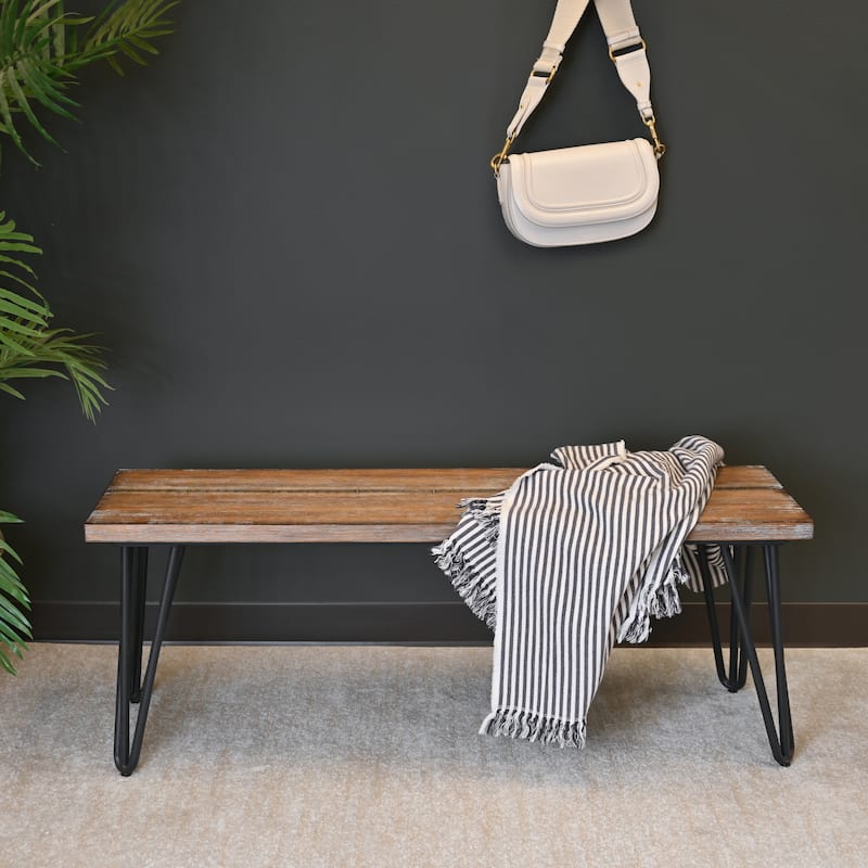 Roundhill Furniture Aryven Industrial Wood Dining Bench, Rustic Dark Pine Finish