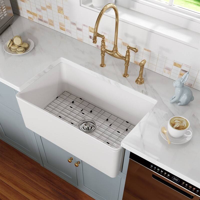 HOROW 30 in. Farmhouse/Apron-Front Single Bowl White Fireclay Kitchen Sink with Bottom Grid and Strainer