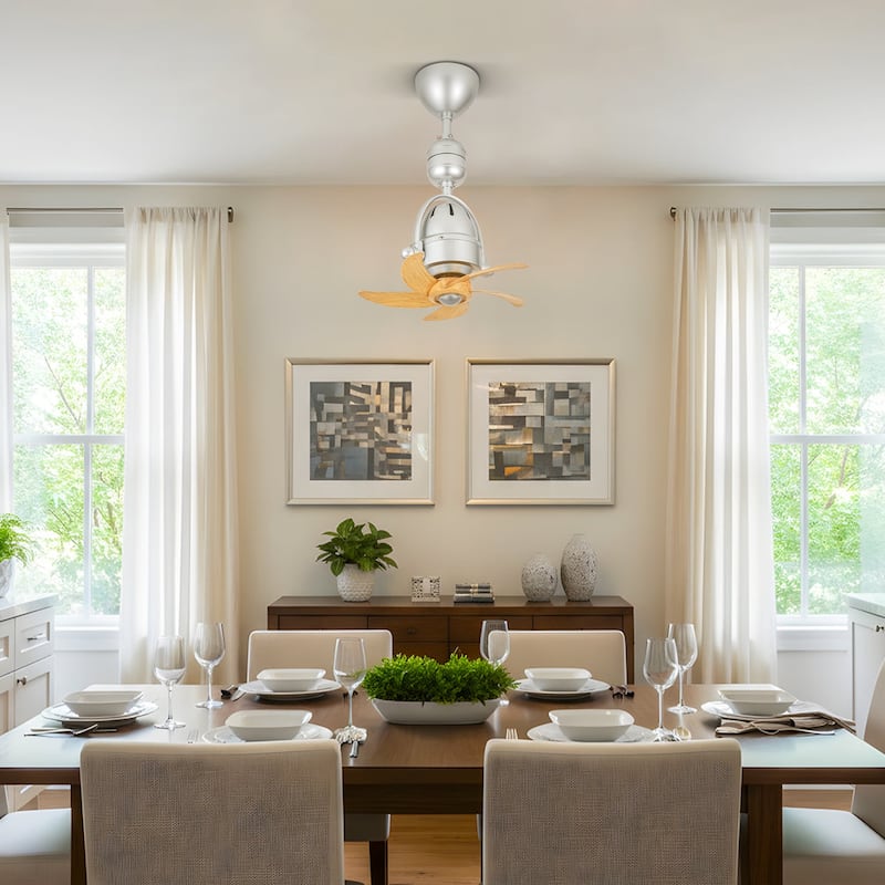 5-Speed 5-Blade Mid-Century Modern Silver Metal & Natural Wood-Tone Plastic Ceiling Fan with Remote for Living Room