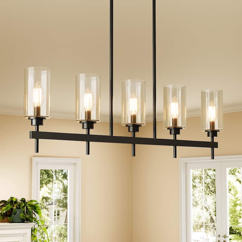 Black Metal 5-Light Linear Chandelier with Clear Glass Shades