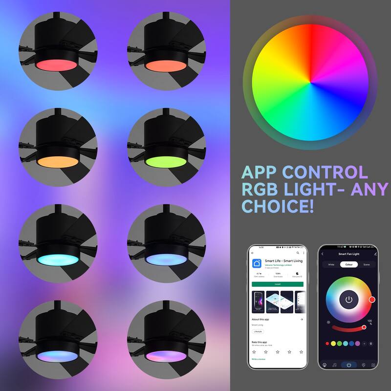 52-Inch Matte Black Ceiling Fan with RGB LED Light and Voice Control((5 Reversible Blades)