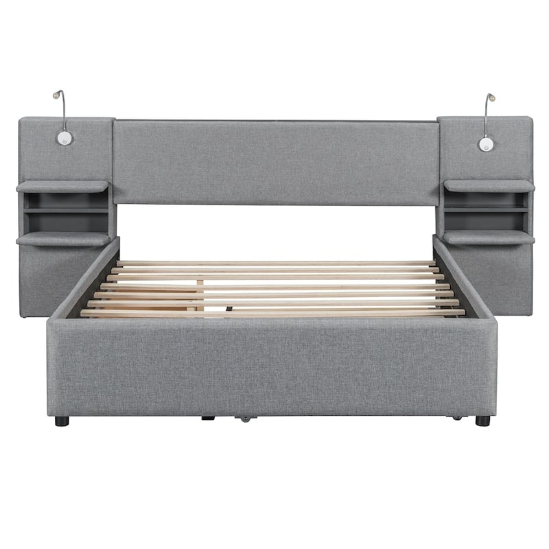 Queen Size Upholstered Platform Bed with Drawers Trundle and Shelves