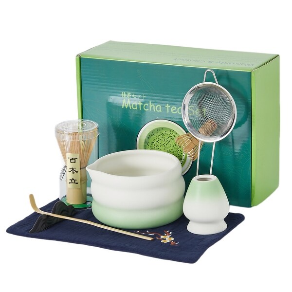 7-Piece Matcha Tea Set with Gradient Green Ceramic Bowl and Bamboo