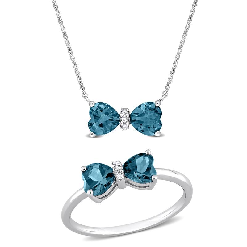 Miadora 1-7/8ct TGW Heart Blue Topaz Diamond Accent Bow Jewelry Set 10k White Gold
