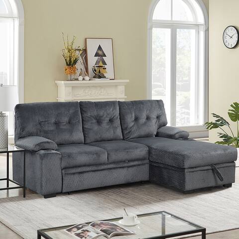 Modern Sofa Bed, Reversible Sectional Sofa with Chaise and Cup Holder