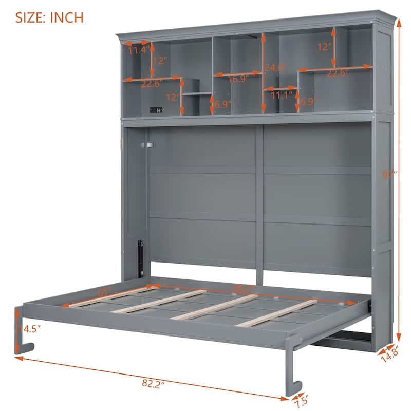 Queen Size Murphy Wall Bed with Storage Shelves and USB Ports, Space Saving Foldable Cabinet Bed