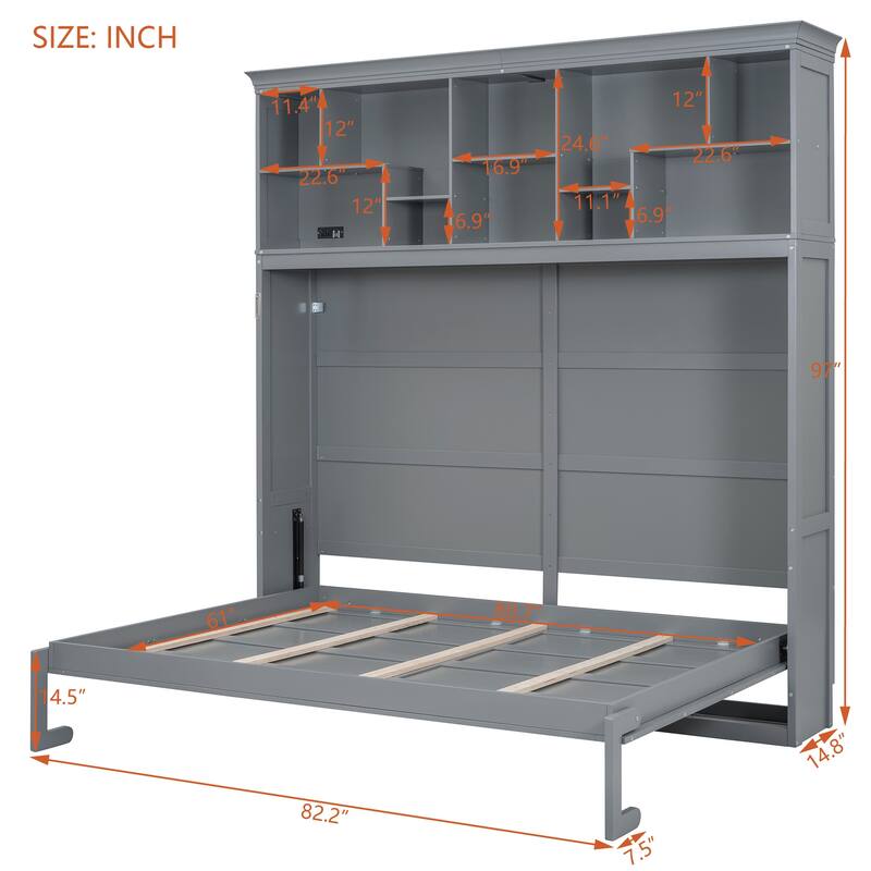 Wall Cabinet Bed Queen Murphy Bed with Top Shelves & Charging Station