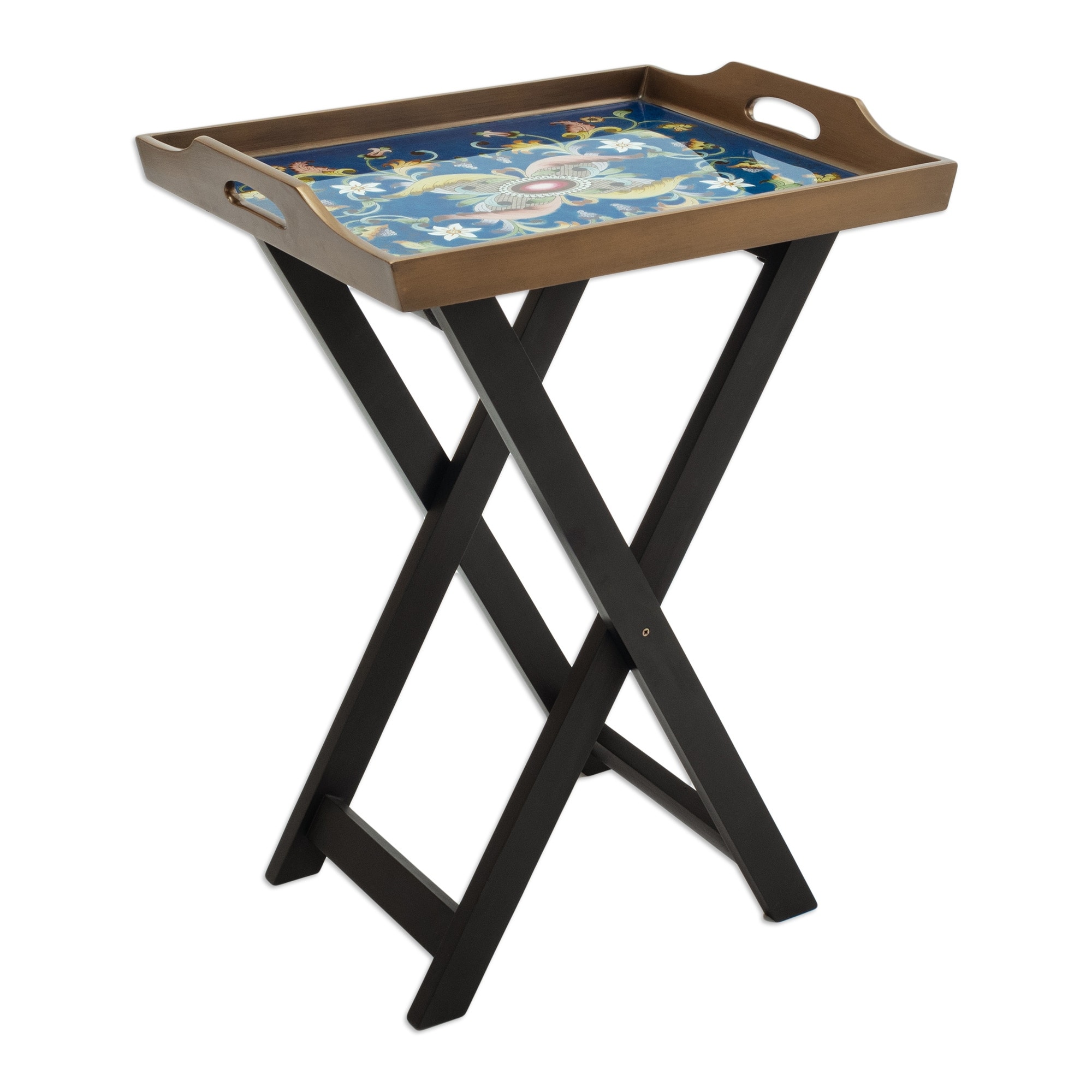 Handmade Reverse Painted Glass and Wood Folding Table - Colonial Night