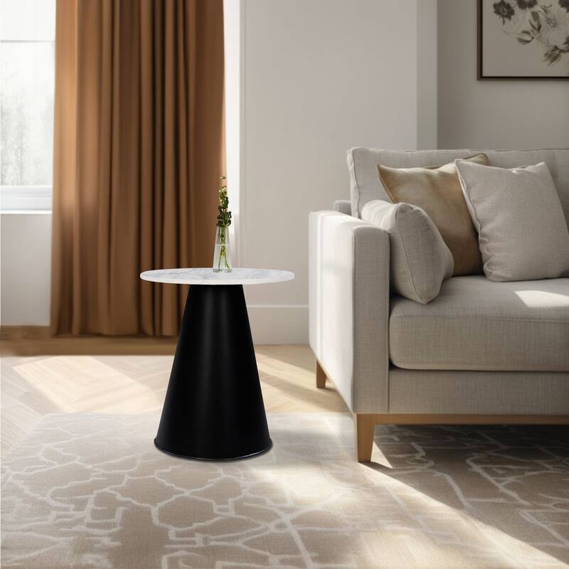 Riko Side End Table, White Natural Marble 18 Inch Round Top, Modern Black Pedestal Base