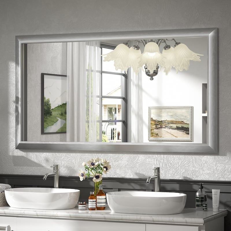 Beveled Metal Rectangle Framed Bathroom Vanity Tempered Glass Mirrors - 55" x 30" - Silver