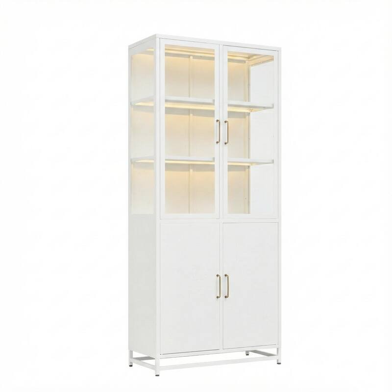 76.75" Tall Glass Door Display Cabinet with LED Lights, 3-Sided Glass Curio for Home & Office
