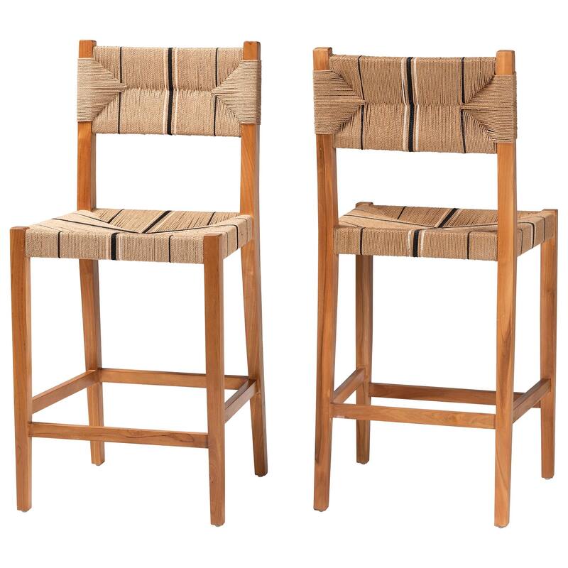 Prita Bohemian Paper Loom and Mahogany Wood 2-Piece Bar Stool Set - Brown