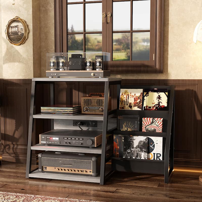 4-Tier Record Player Stand with Vinyl Record Storage ＆ LED Light ＆ Charging Station, Record Player Table, Media Console