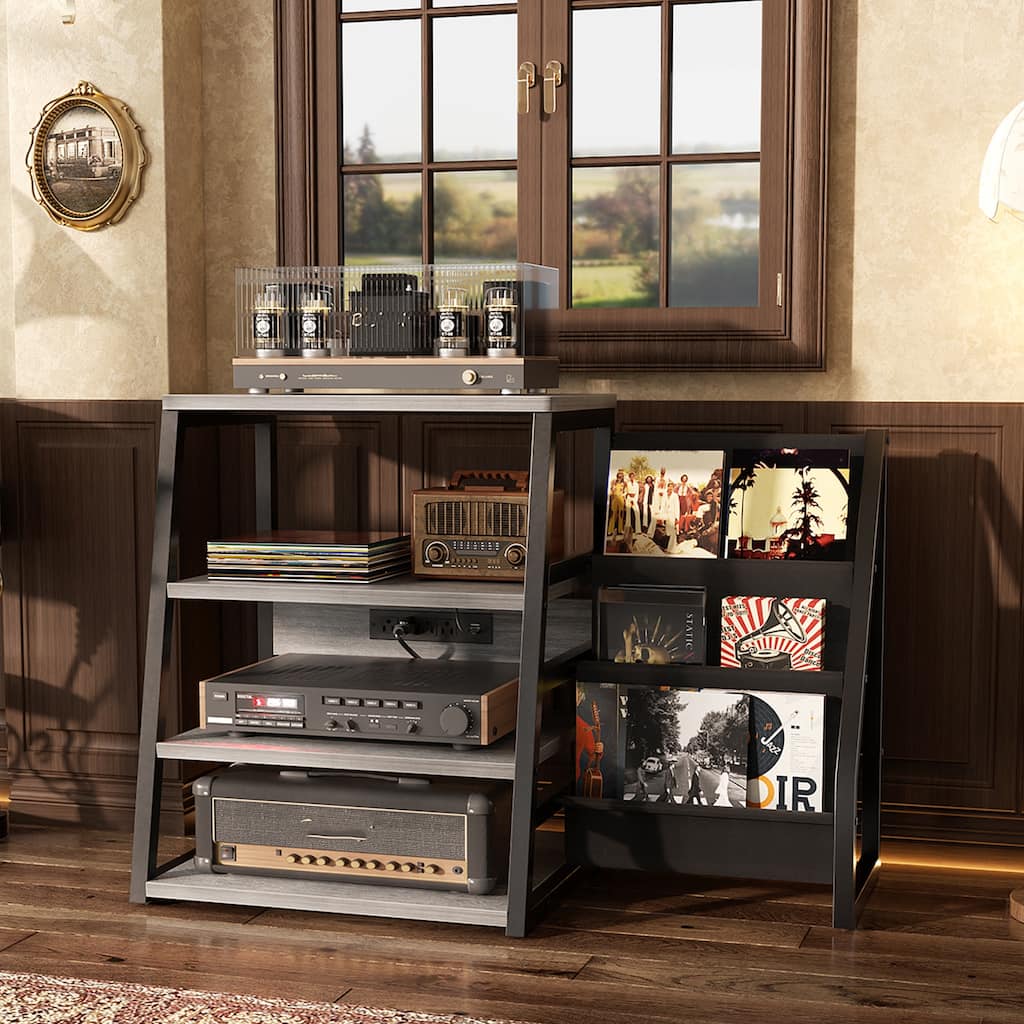 4-Tier Record Player Stand with Vinyl Record Storage ＆ LED Light ＆ Charging Station, Record Player Table, Media Console