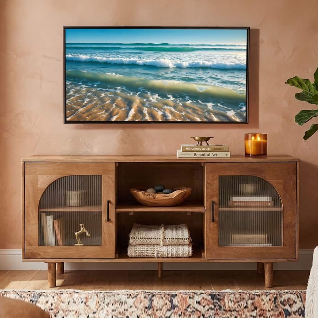 64 Inch James TV Stand Console, 2 Arch Glass Door Cabinets & Shelves, Walnut Brown Mango Wood
